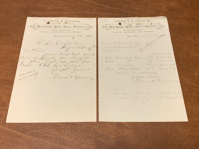 Lot of 2 Green & Nance Ozan Arkansas 1888 Documents Billheads
