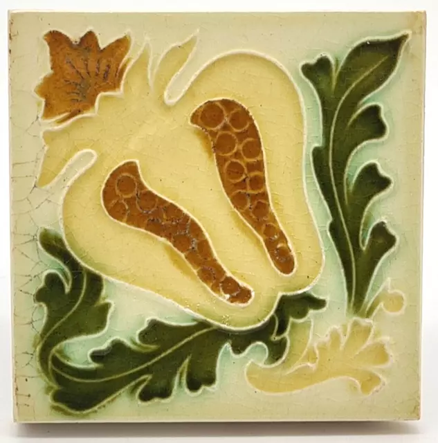 Early Art Nouveau Majolica Tile With Floral Design By Pilkington C1895 3" X 3"