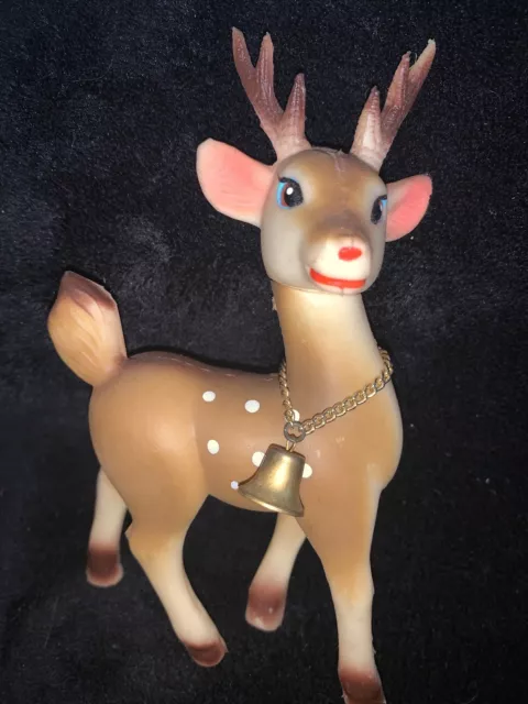 Vintage Soft Plastic Christmas Reindeer 50s Brass Bell Brow Antlers 3