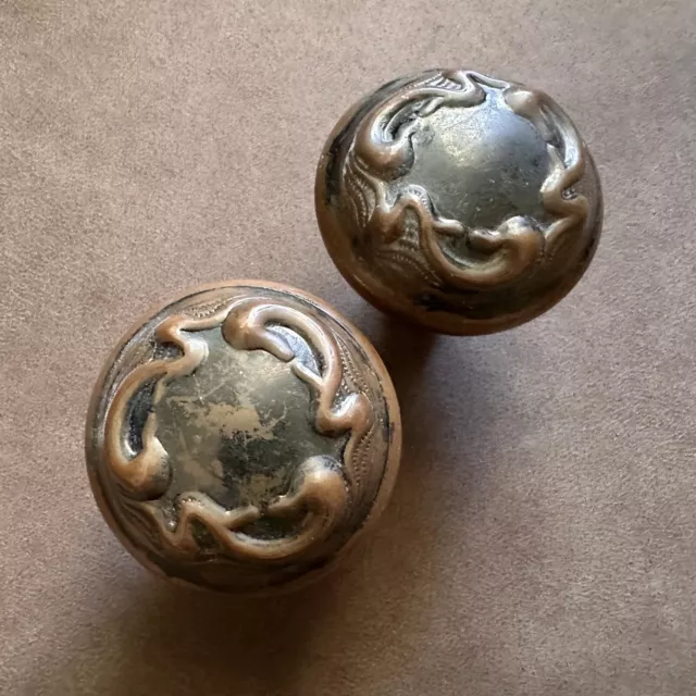 Pair Of Antique Art Nouveau Round Copper Door Knobs Handles Hardware