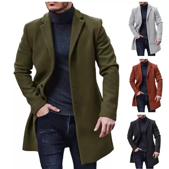 Men's Woolen Trench Coat Winter Lapel Long Jacket Overcoat Fomal Button Outwear