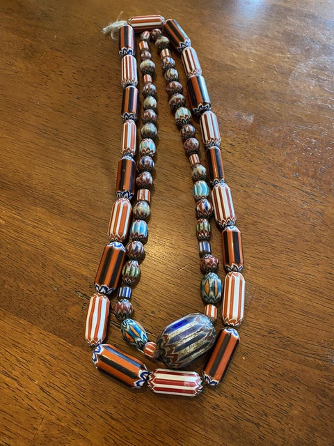 2 Antique Trade Bead Strands Watermelon Chevron