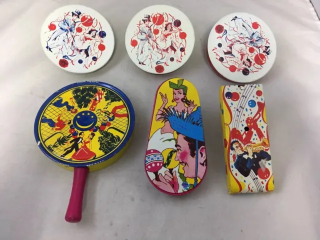 Tin Toy Noise Makers Set of 6 Vintage Tin New Year's Party Toys US Metal Toy