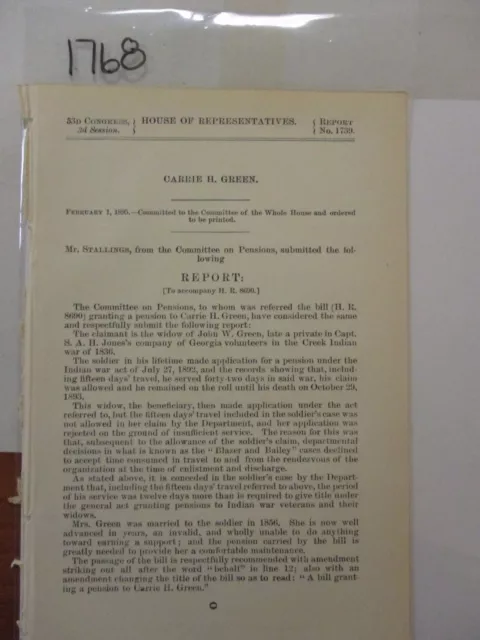 Govt Report  John W. Green Private Georgia Volunteers - Creek Indian War  #1768