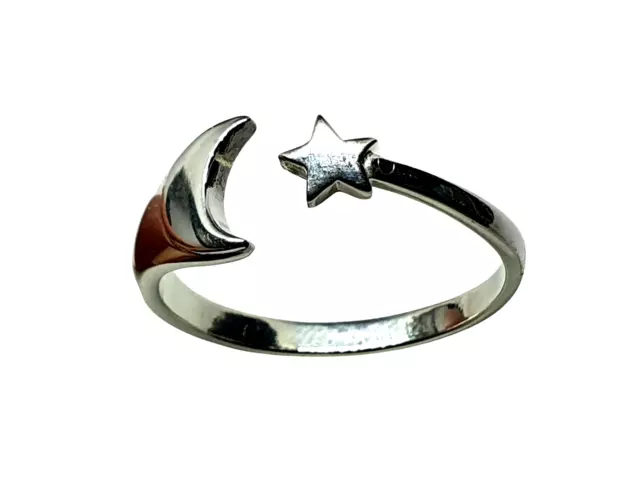 Anillo Luna Estrella Anillo Ajustable Plata de Ley 925 Talla 9/R Incluye Caja