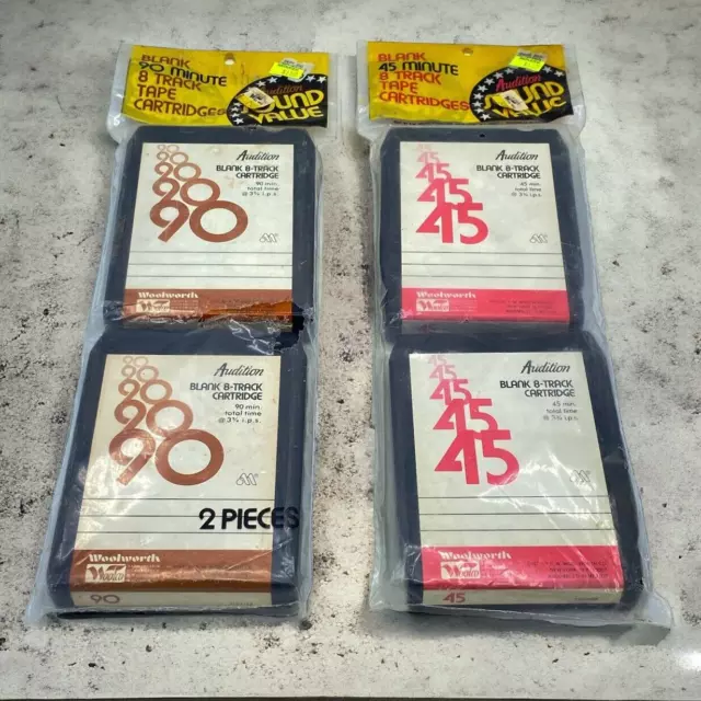 Vtg Wollworth Blank 8 Track Cartridges 2-90 Min 2-45 Min Tapes Audition Packaged