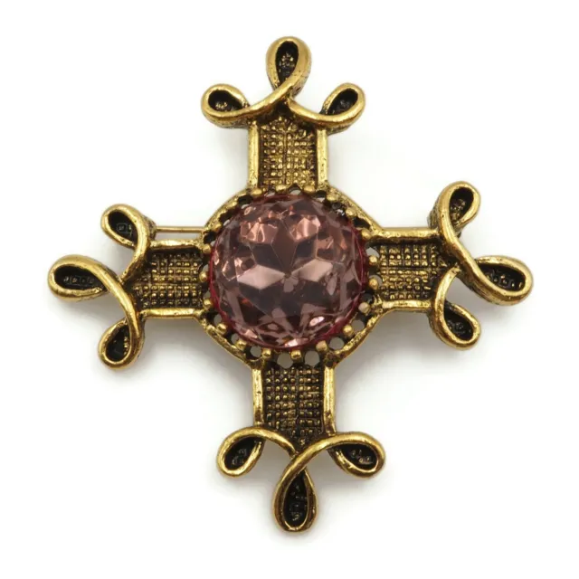 Gold Tone Pink Faceted Glass Stone Cross Fashion Brooch Scarf Lapel Pin