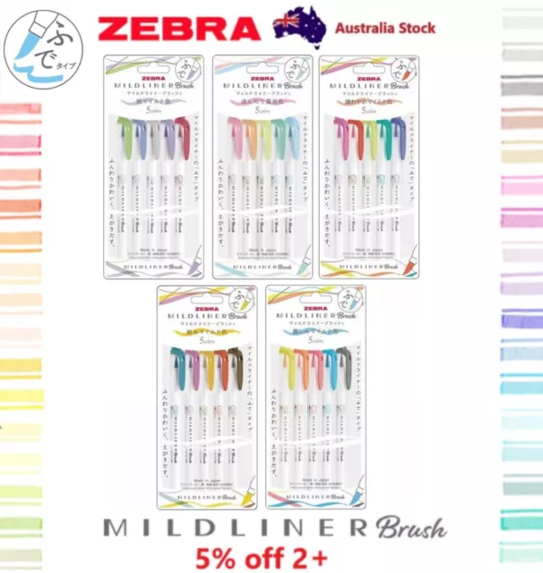 5 x Zebra Mildliner Double-Sided Brush Pen set - Firm Brush tip / Fine Felt Tip