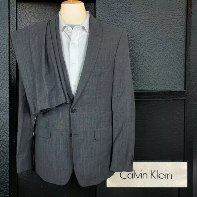 Calvin Klein 2 Piece Suit Mens 40R 32x30 Gray Plaid Peak Wool FLAW