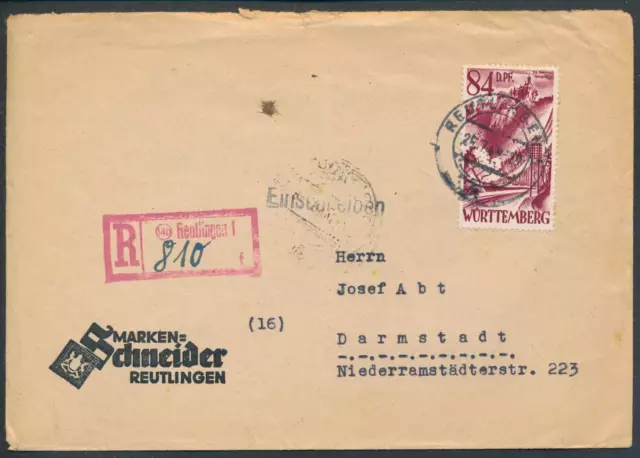 Französische Zone Württemberg Mi 26 EF Reutlingen prov. R-Zettel Darmstadt 1948