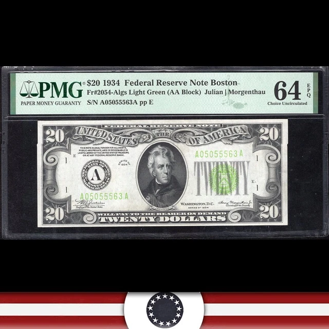 1934 $20 Boston FRN Light Green Seal PMG 64 EPQ Fr 2054-A lgs A05055563A