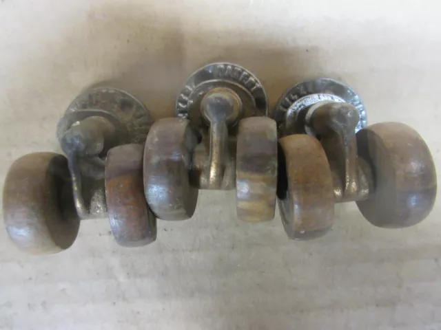 3 antique tucker double wood wheel casters Pat. 1883 - 86 old furniture hardware