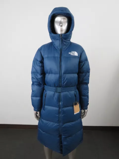 NWT Womens The North Face Nuptse Belt Long 700-Down Insulated Hooded Jacket Blue