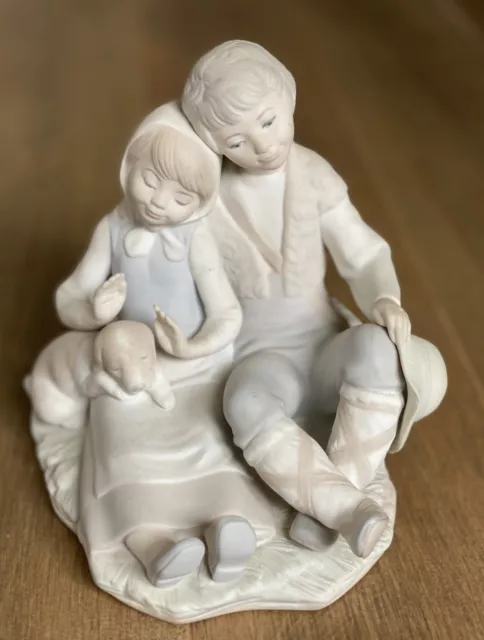 Vintage Lladro Figurine, Boy And Girl W/Dog, Matte Finish, “Friendship” 6” Tall