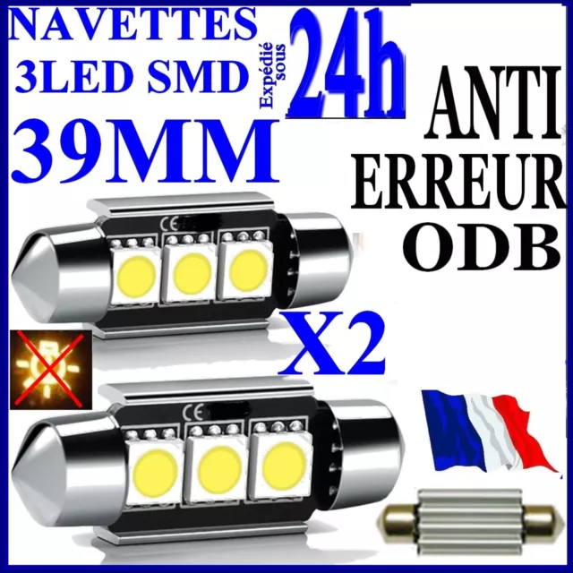 2Ampoule Navette A 3 Led 39Mm Smd C7W Anti Erreur Blanc Xenon Plaque Plafonnier