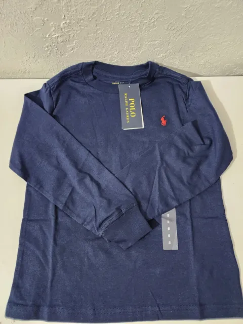 Polo Ralph Lauren Boys Blue Cotton Long Sleeve Crew Neck Shirt Pony Logo Size 5