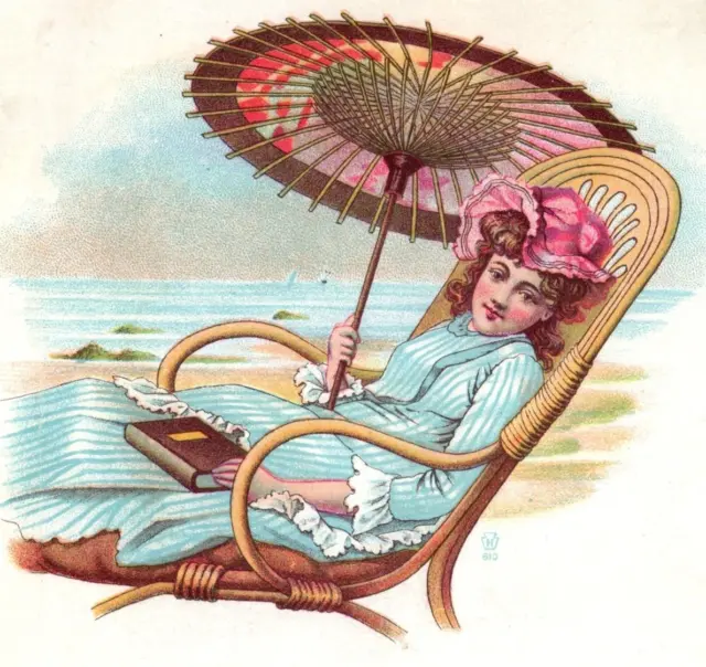 1870's-80's Lovely Lady Beach Chair Umbrella Parasol Victorian Trade Card 5S