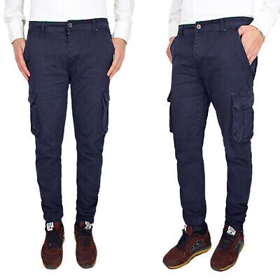 Pantalone Uomo Cotone Cargo Tasconi Laterali Jeans Casual Multi Tasche VEQUE