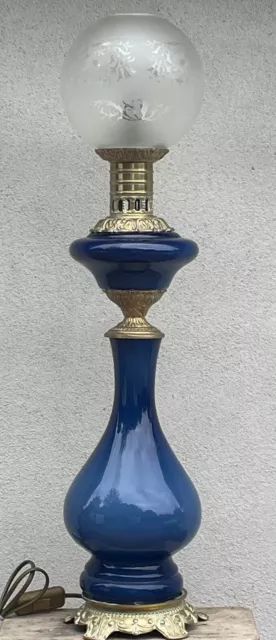 grande Lampe balusre porcelaine bleu et bronze 74 cm