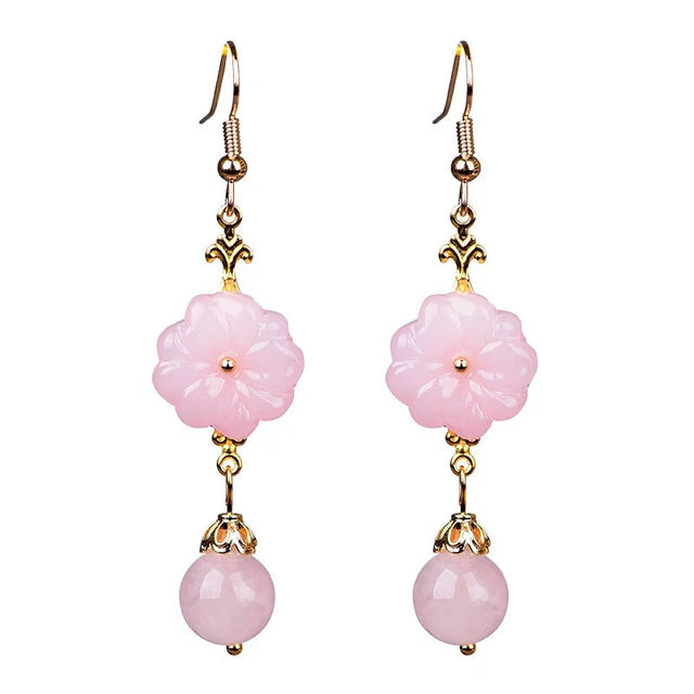 Pink Jade Flower Earrings Natural 925 Silver Fashion Jewelry Women Vintage