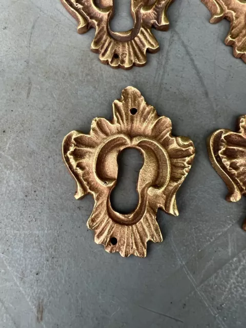4 vintage Ornate French Gilt brass escutcheon Door Lock key hole 2