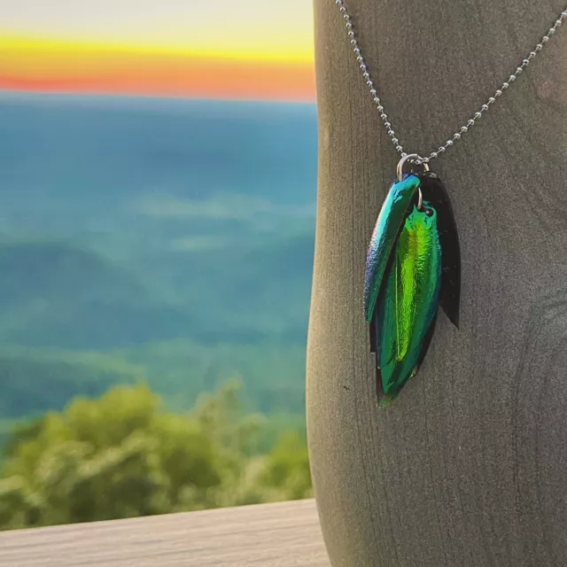 Exotic Thai Jewel Beetle Wings Iridescent Blue Green Necklace Made in the USA