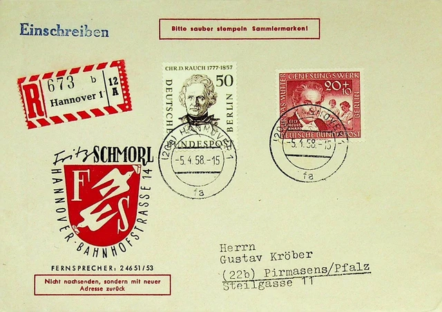 Deutschland 1958 2v Auf Fritz Schmorl Hannover Bahnhofstrasse Regd Abdeckung Zu