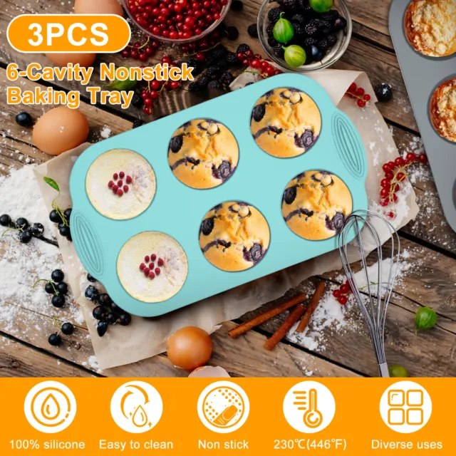 3Pcs Silicone Muffin Pan 6-Cavity Baking Tray Non-Stick Muffin Baking Mold BlXCa