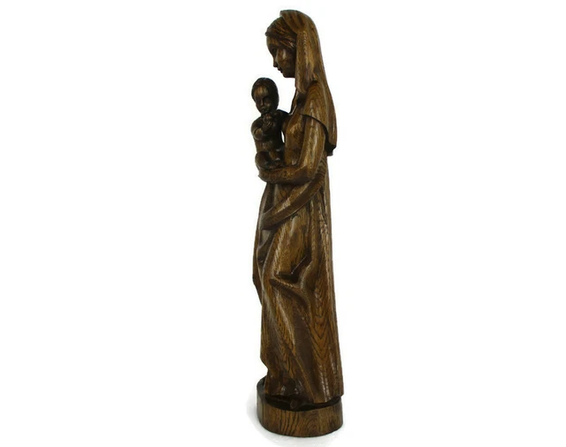 Virgin Mary Madonna and Infant Jesus Hand Carved Wood  French Oak Sculpture