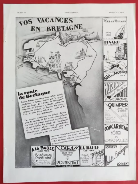 Publicité de presse 1930  Vos vacances en BRETAGNE illustration Hervé BAILLE