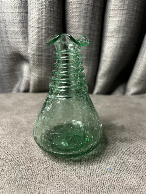 Crackle Glass Hand Blown Vase MCM Green Decanter Ruffle 5” READ VTG