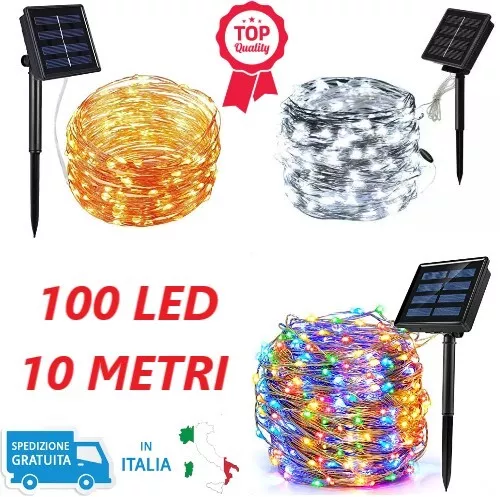 Luci Di Natale 100 Led Micro Catena Luminosa Natalizia Energia Solare 10 mt Rame