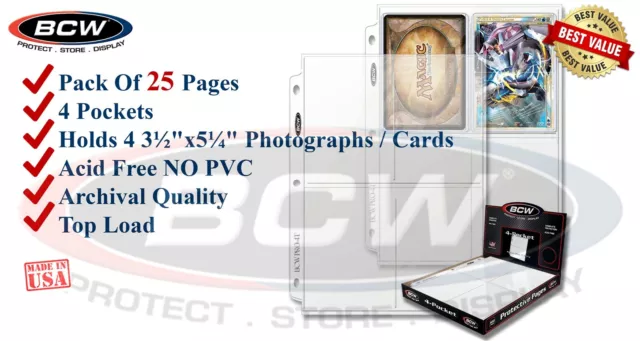 25 BCW 4 Pocket Pages For Game Cards / Postcard / TGC / Photo Safe 3 Ring Binder