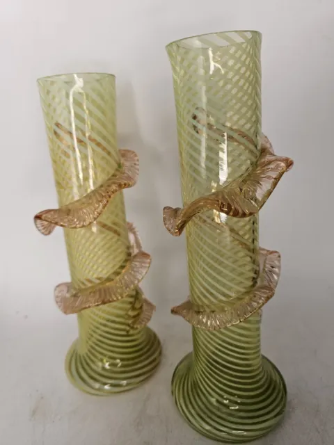 A Pair Of Vaseline Uranium Swirl Glass Vases With Applied Ribbon