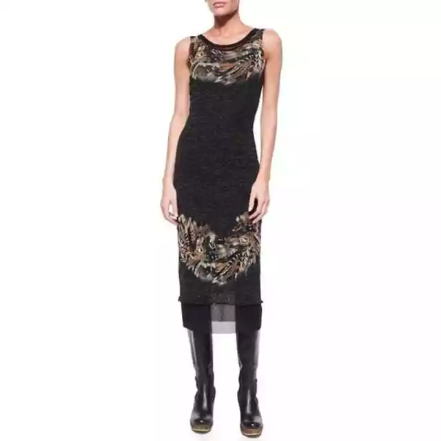 FUZZI Jean Paul Gaultier Sleeveless Feather-Print Midi Dress $894 size S