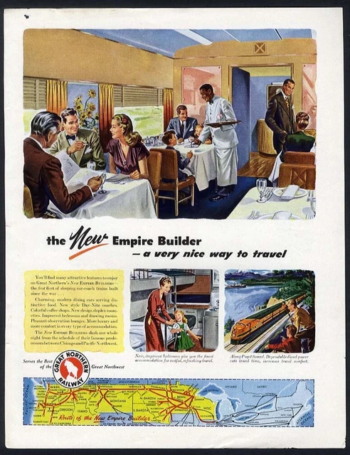 GREAT NORTHERN RAILWAY Ad 1947 Dining Car and Route Shown TRAIN Travel