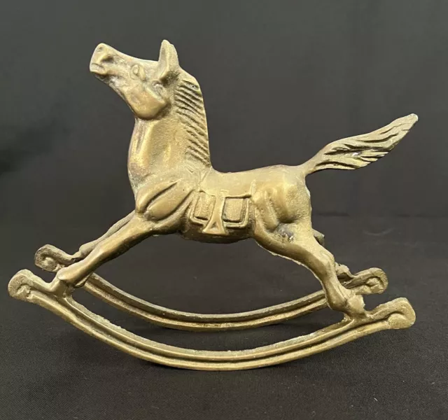 Antique Rocking Horse Gold Lustre Vintage Solid Brass Old Race Racing