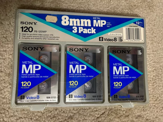 PAQUETE DE 3 Cinta de Casete de Video Sony Metal MP 120 Min 8mm P6-120MP Deadstock NUEVO
