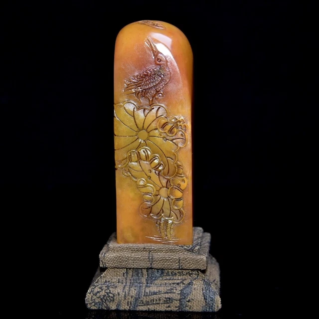 Chinese Exquisite Handmade Lotus Bird carving Shoushan Stone Statue Seal