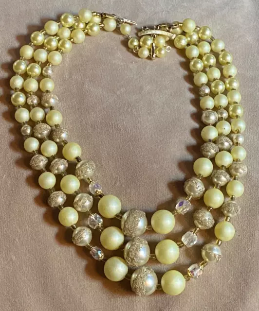 VTG Triple Strand Necklace 60s Yellow Lucite Graduated Beads MCM Japan 14"-17"