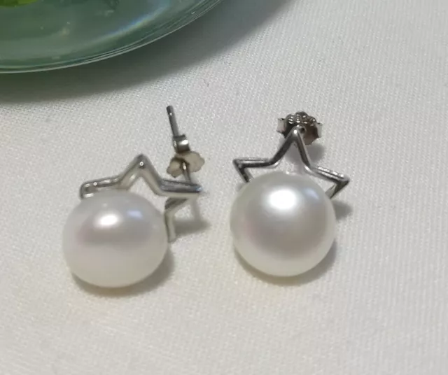 Genuine 9-10mm bread Freshwater pearl in sterling silver star shape stud earring