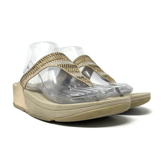 FitFlop Strobe Beige Gold Crystal Embellished Thong Flip Flop Sandals Size 8