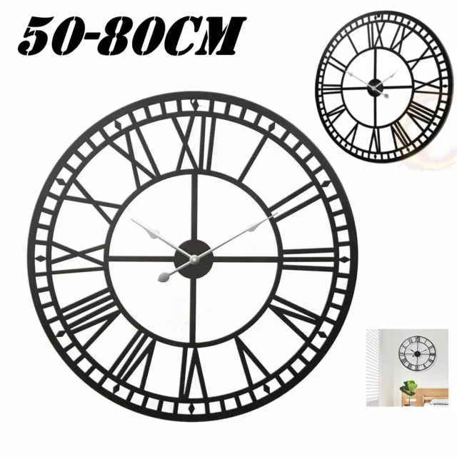 50-80cm Large Wall Clock Roman Numerals Giant Round Face Black In/Outdoor Garden