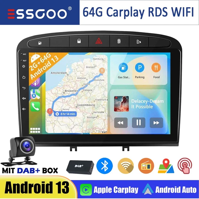 Autoradio Android 9" Pour Peugeot 408/308 (2007-2015) - Carplay/Android Auto Sans Fil, 4Go/128Go, GPS, Caméra