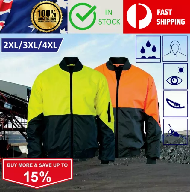 2XL, 3XL ONLY Hi Vis Jacket Viz Flying Bomber Pilot Waterproof Rain Safety Coat