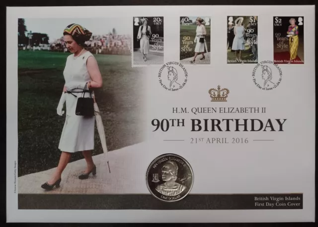 GB 2016 British Virgin Islands Queen's 90th Birthday PNC Cover $1 Dollar Coin BU