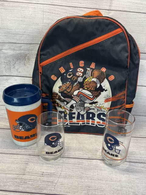 Lot of 4 Vintage Cool Chicago Bears Fan NFL Collectible Cups Mug Backpack 1980s
