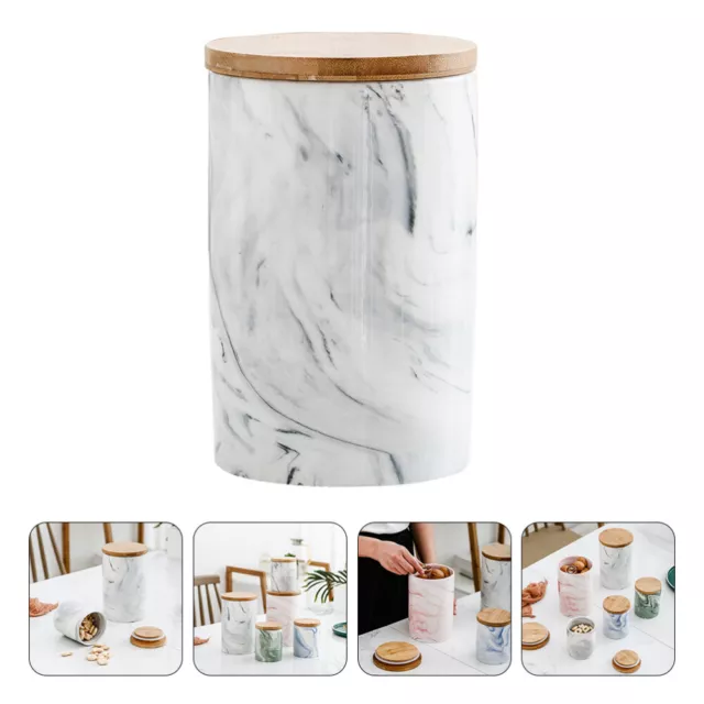 Airtight Ceramic Tea Canister with Wooden Lid - Grey Marble Pattern