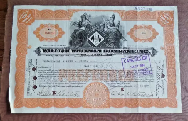 William Whitman Company, Inc. Stock certificate 1922 Massachusetts