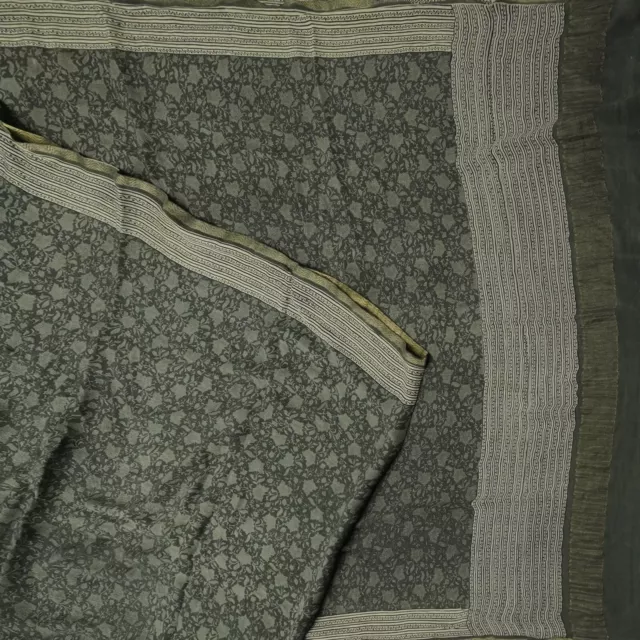 Vintage Grigio Sari 100% Puro Crepe Seta Stampato Zari Border 4.6m Craft Tessuto
